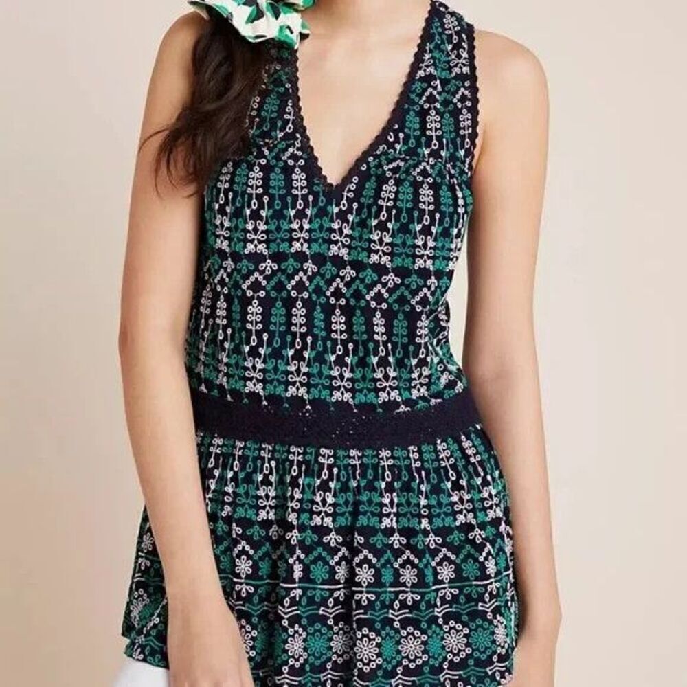 Maeve by Anthropologie Cammie Tank Top Large Black Green White Embroidered Boho